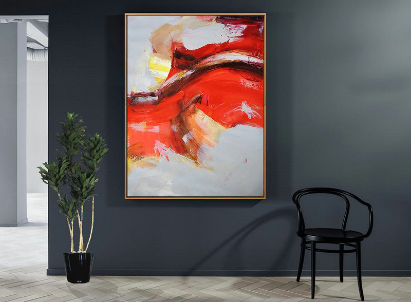 Big Painting,Vertical Palette Knife Contemporary Art,Big Canvas Painting,Grey,Red,Yellow.etc